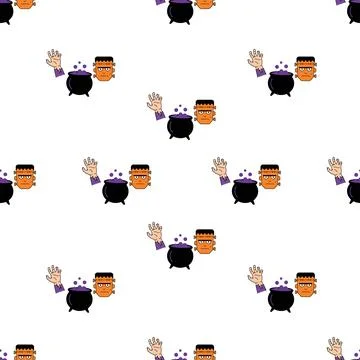 Seamless Halloween pattern with cute Frankenstein monsters, magic cauldrons.. Stock Illustration