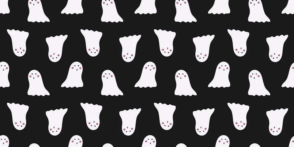 Seamless Halloween pattern of cute funny Ghosts on black background. Vector.. Illustrazione stock