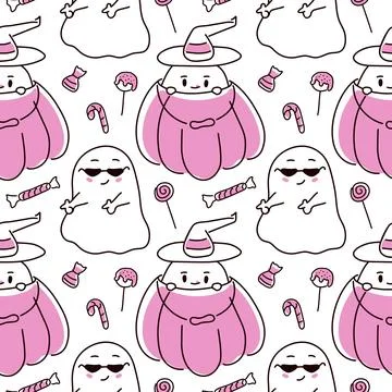 Seamless Halloween pattern with cute ghost and candy in pink color in line art 스톡 일러스트