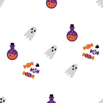 Seamless Halloween Pattern with Cute Ghosts Potions and Candy Treats. Stock Illustration