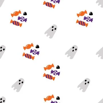 Seamless Halloween Pattern with Cute Ghosts and Colorful Wrapped Candies. Stock Illustration