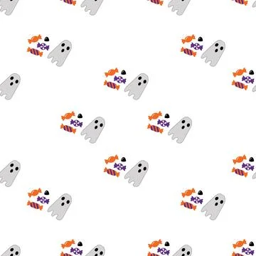 Seamless Halloween Pattern with Cute Ghosts and Colorful Candy Treats on Wh.. Stock Illustration