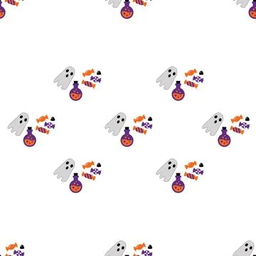 Seamless Halloween Pattern With Cute Ghosts Potions And Candy Treats. Stockillustratie