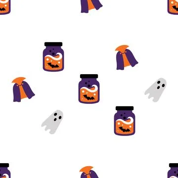 Seamless Halloween Pattern with Cute Ghosts Capes and Magic Potions. Stock Illustration