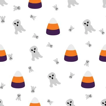 Seamless Halloween Pattern With Cute Ghosts And Candy Corn Treats. Ilustración de archivo