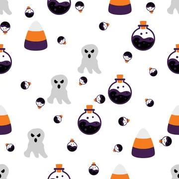 Seamless Halloween Pattern With Cute Ghosts Candy Corn And Magic Potions. Ilustración de archivo