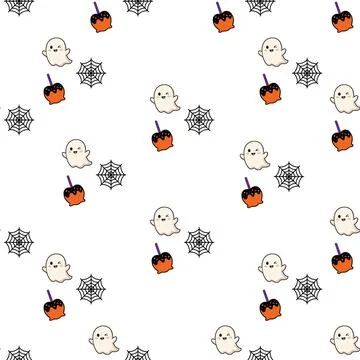Seamless Halloween Pattern with Cute Ghosts Spiders Webs and Candy Apples. Stock Illustration