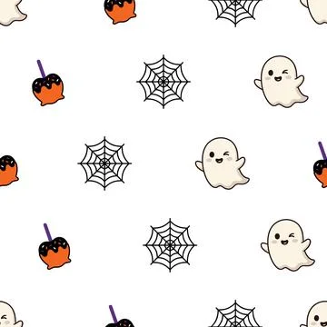 Seamless Halloween Pattern with Cute Ghosts Spiders Webs and Candy Apples. Stockillustratie