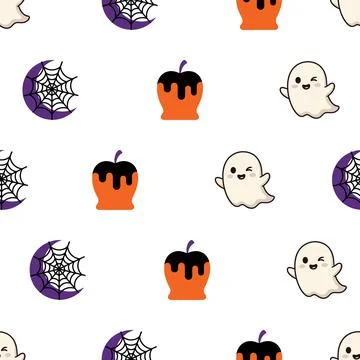 Seamless Halloween Pattern with Cute Ghosts Spiders Webs and Caramel Apples. Stock Illustration