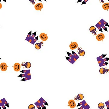 Seamless Halloween Pattern with Cute Haunted Castles Pumpkins and Magic Pot.. Stock Illustration
