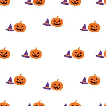Seamless Halloween pattern with cute jack o lanterns and witch hats on whit.. Stock Illustration
