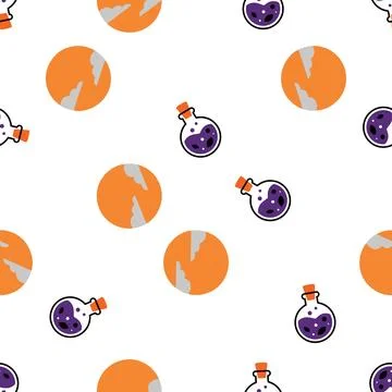 Seamless Halloween Pattern With Cute Magic Potions And Orange Moons. Stock Illustration