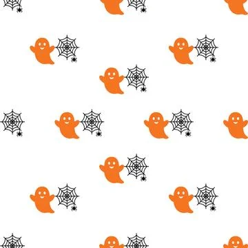 Seamless Halloween pattern with cute orange ghosts and spider webs on white.. Stock Illustration