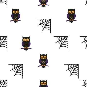 Seamless Halloween Pattern with Cute Owls and Spider Webs. Stock Illustration