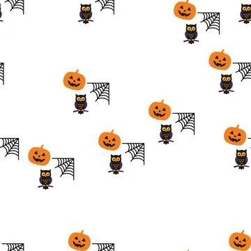 Seamless Halloween Pattern With Cute Owls Pumpkins And Spiderwebs. Illustrazione stock