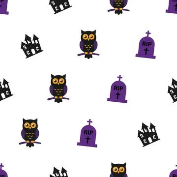 Seamless Halloween Pattern with Cute Owls Haunted Houses and Tombstones. Stock Illustration
