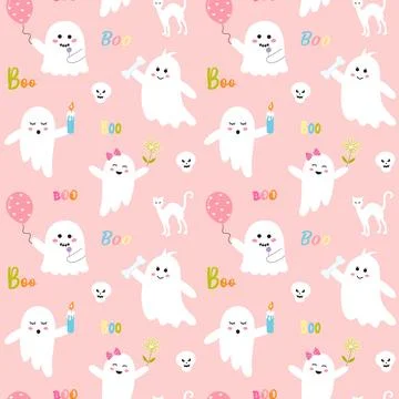 Seamless halloween pattern with cute pink ghosts, boo quote, white cat and .. Illustrazione stock