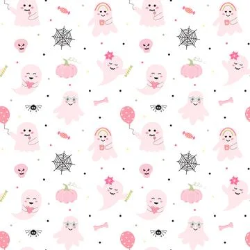 Seamless halloween pattern with cute pink ghosts, web, pumpkin, spider, sku.. Stock Illustration