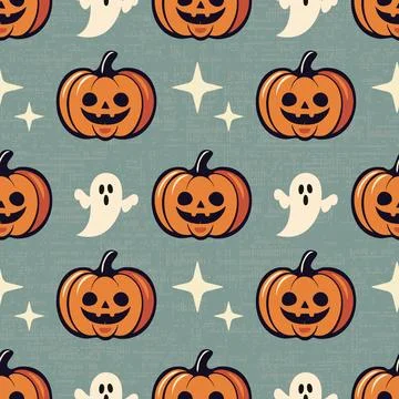 Seamless Halloween Pattern with Cute Pumpkins, Cheerful Ghosts, and Stars o.. Stock Illustration