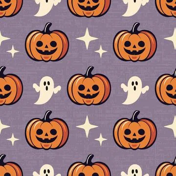 Seamless Halloween Pattern with Cute Pumpkins, Cheerful Ghosts, and Stars o.. Illustrazione stock