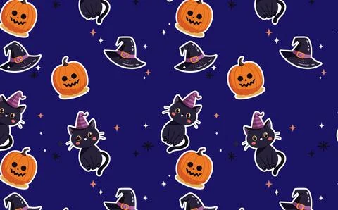 Seamless Halloween pattern with cute pumpkins, ghosts, and cats Illustrazione stock