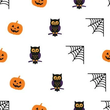 Seamless Halloween pattern with cute pumpkins owls and spider webs on white.. Stock Illustration