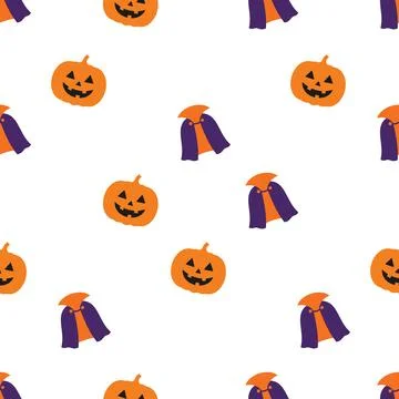 Seamless Halloween Pattern with Cute Pumpkins and Purple Capes. Stock Illustration