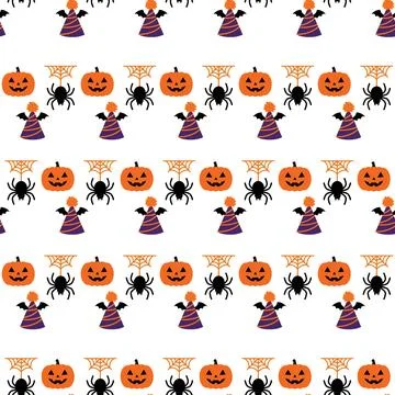Seamless Halloween Pattern with Cute Pumpkins Spiders and Witch Hats. Illustrazione stock