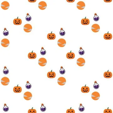 Seamless Halloween Pattern with Cute Pumpkins and Magic Potions. Stock Illustration