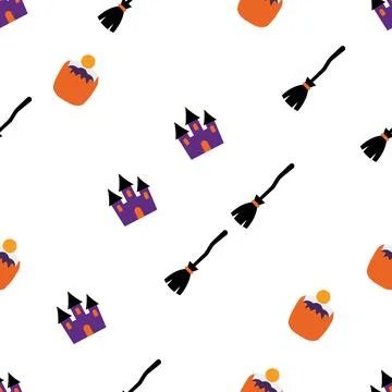 Seamless Halloween pattern with cute purple castles orange pumpkins and bla.. Stock Illustration