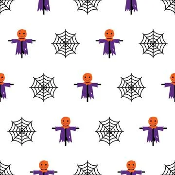 Seamless Halloween Pattern with Cute Scarecrows and Spider Webs. Stock Illustration