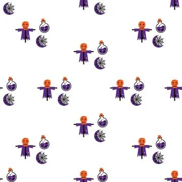 Seamless Halloween Pattern with Cute Scarecrows and Magic Potions. Illustrazione stock