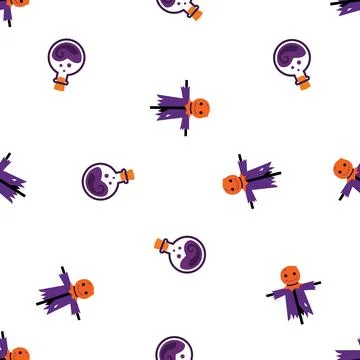 Seamless Halloween Pattern with Cute Scarecrows and Magic Potion Bottles. Illustrazione stock