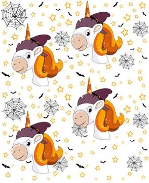 Seamless halloween pattern with cute smiling unicorn with witch hat, bats, sp Illustrazione stock