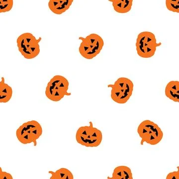 Seamless Halloween pattern with cute smiling orange pumpkins on a white bac.. Stock Illustration