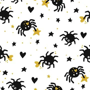 Seamless Halloween Pattern With Cute Spiders Hearts And Stars In Black And .. Stock Illustration