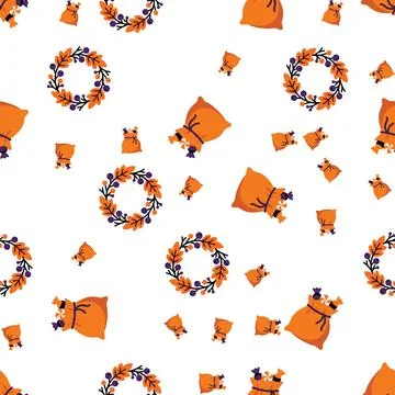 Seamless Halloween Pattern with Cute Trick or Treat Bags and Autumn Wreaths. 库存插图