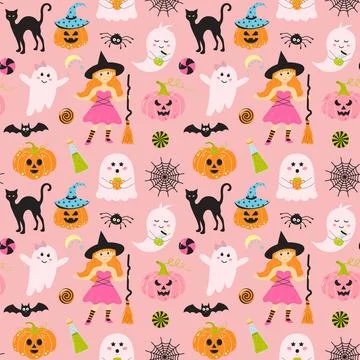 Seamless halloween pattern with cute witch, pink ghosts, bat, web, scary pu.. Stock Illustration