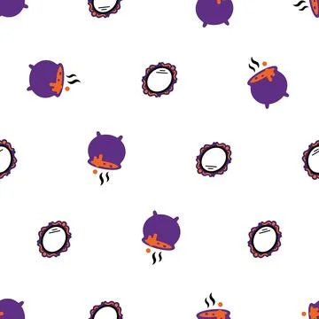 Seamless Halloween Pattern with Cute Witch Cauldrons and Magic Mirrors. Illustrazione stock