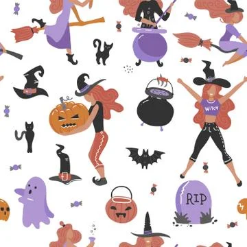 Seamless Halloween pattern with cute young witch, cat, ghosts, bats, boiler and 스톡 일러스트