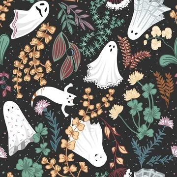 Seamless Halloween Pattern Design. Cute ghosts in garden flowers and grass. V Illustrazione stock