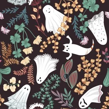 Seamless Halloween Pattern Design. Cute ghosts in garden flowers and grass. V Illustrazione stock