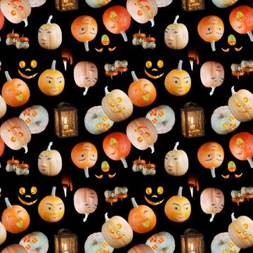 Seamless Halloween pattern, different pumpkins with toothy smiles on black Stockfoto's