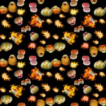 Seamless Halloween pattern, different pumpkins with toothy smiles and 写真素材