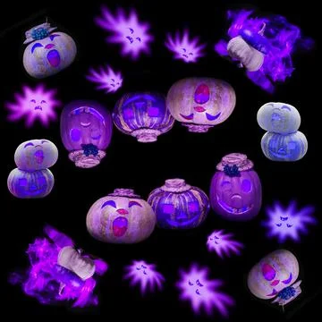 Seamless Halloween pattern, different pumpkins with toothy smiles and 스톡 사진