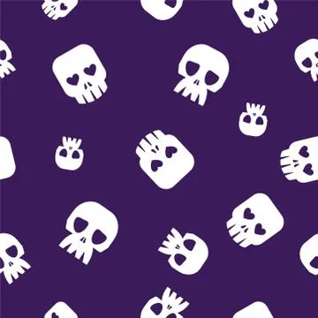 Seamless halloween pattern. Different white skulls on purple background. Illustrazione stock