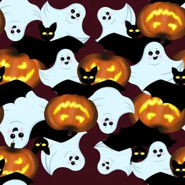 The seamless Halloween pattern with an evil pumpkin, Ghost, and bat on a dark Stock Illustration