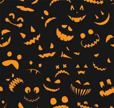 Seamless halloween pattern. Faces silhouettes on black background. Stock Illustration
