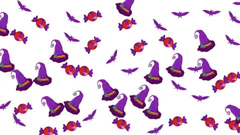 Seamless Halloween pattern featuring 3D witch hats, candies, and bats on wh.. Stock Illustration