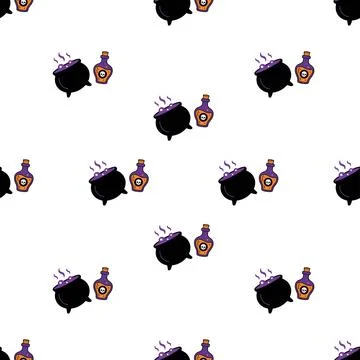Seamless Halloween pattern featuring black cauldrons and magic potion bottl.. Stock Illustration